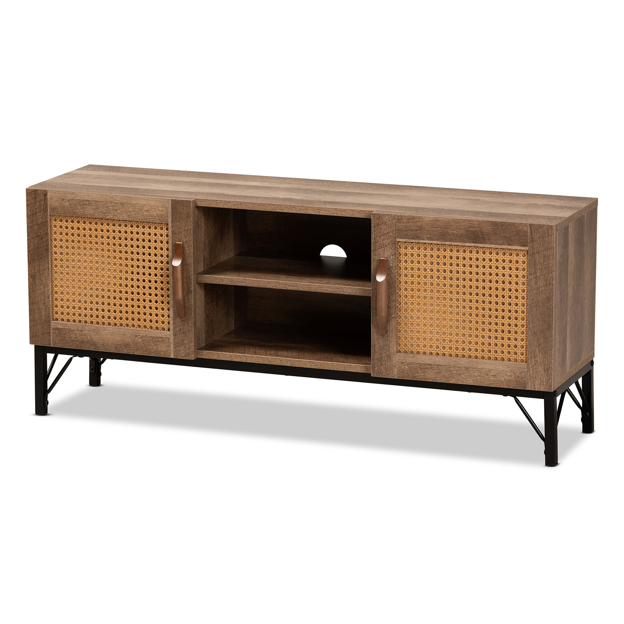 Baxton Studio Veanna Bohemian Natural Brown Finished Wood and Black Metal 2-Door TV Stand with Synthetic Rattan